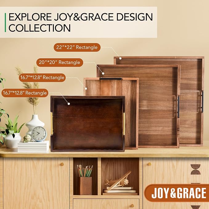 Joy&Grace Acacia Wood Ottoman Tray with Handles 22" x 22" | Large Acacia Wooden Serving Tray for Coffee Table Living Room, Breakfast in Bed, Food Dinner, Kitchen, Couch (Color Natural)