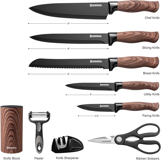 Knife Set,GOODA 9 Piece Kitchen Knife Set with Block and Sharpener, Anti-Rust Stainless Steel Cooking Knives Set for Kitchen, Chef Knife Block Set