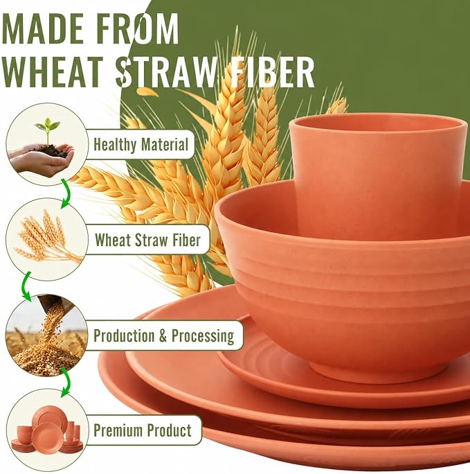 Wheat Straw Dinnerware Sets for 8, 40 Piece Unbreakable Dinnerware Set, Plates and Bowls Sets, Kitchen Plates and Bowls Set, Lightweight Dish Set for Home, Camping, and Everyday Use- Orange