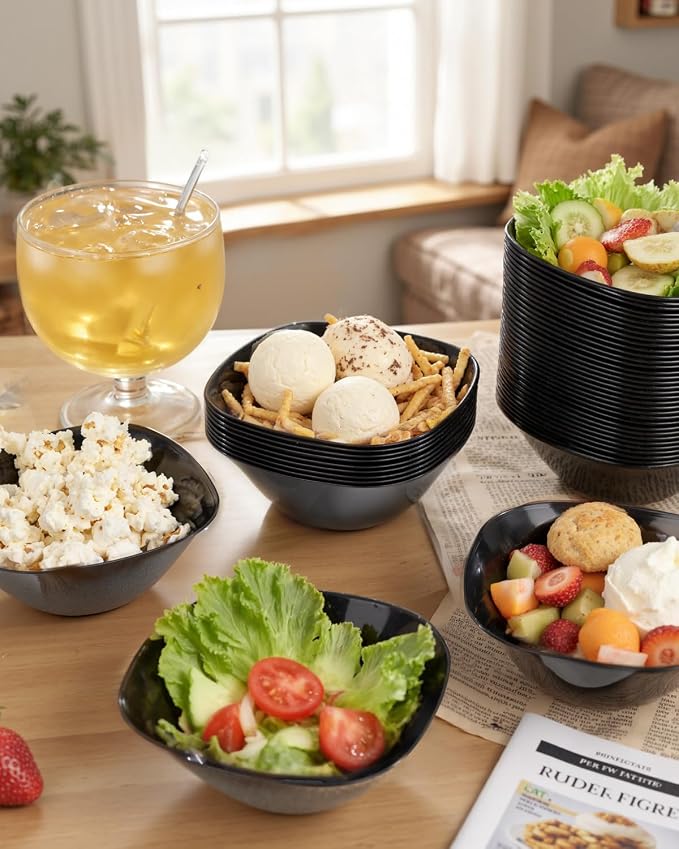 bUCLA 50 Pack Black Plastic Small Bowls - 8oz Disposable Ice Cream/Salsa/Dipping/Dessert/Sauce/Candy/Small Serving Bowls for Party & Graduation