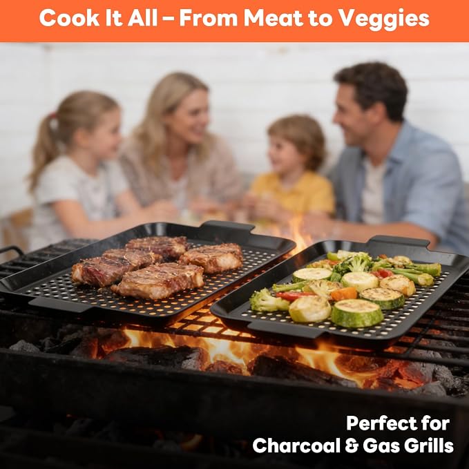 2PCS Grill pan, BBQ Grill Topper for Outdoor Grill with Hole, Non-stick enamel coating, suitable for picnicking, camping, yard (2 pieces)