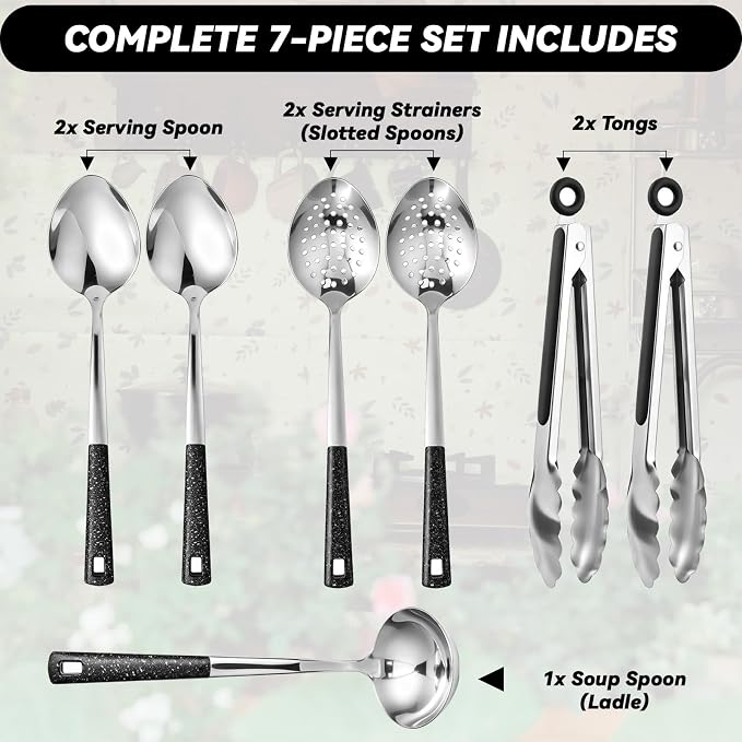 7 Pcs Stainless Steel Serving Spoon and Kitchen Cooking Utensils Set | Large Metal Spoon Soup Ladle Slotted Spoons Tongs for Buffet Catering, Heat Resistant Handle, Dishwasher Safe