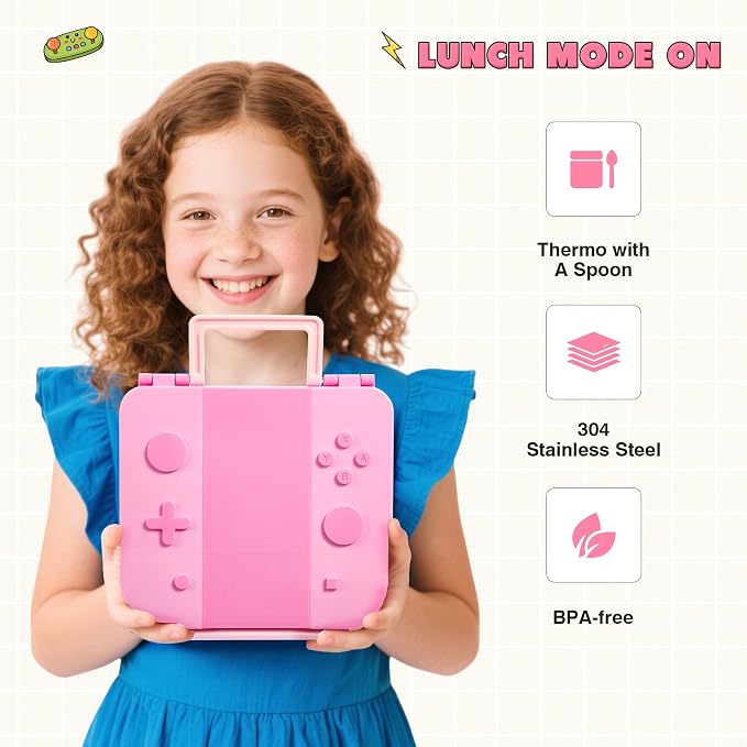 Game Bento Box for Kids, Lunch Box with Thermo(9oz Food Jar), Folding Spoon, Removable Divider & Sauce Cup, Lunch Box Kids for School,Travel, BPA-Free & Realistic Shape (Pink)