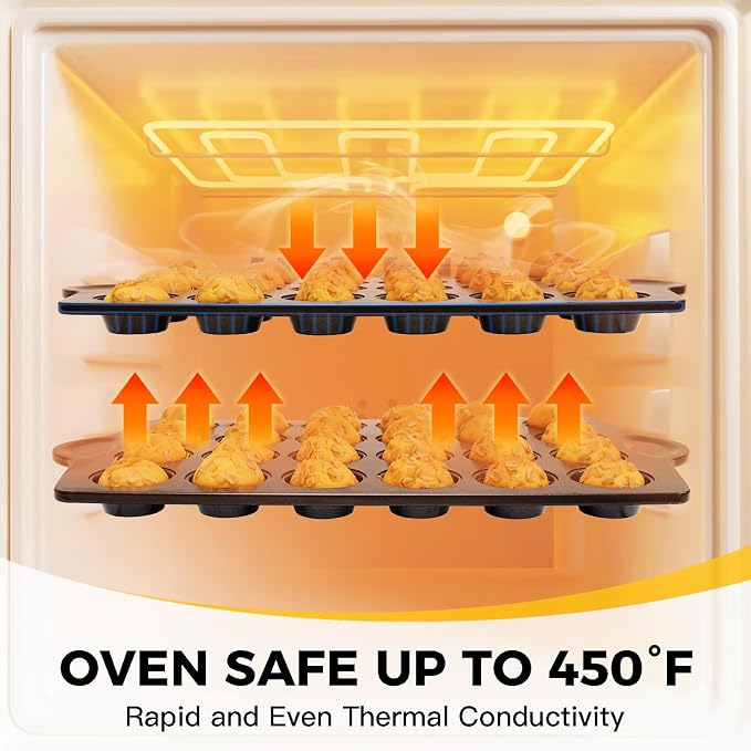 Mini 24 Muffin & Cupcake Pans with 240 Liners, Nonstick, Non-toxic | Heavy-duty Small Cheesecake Tray with Ear Shaped Wider Grips, 1.8dia, Grey, Premium
