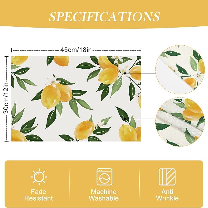 Bonhause Lemon Placemats Set of 4, 12x18 Inch Summer Yellow Fruits Green Leaves Kitchen Dining Table Mats Washable Place Mats for Indoor Outdoor Home Party Decor