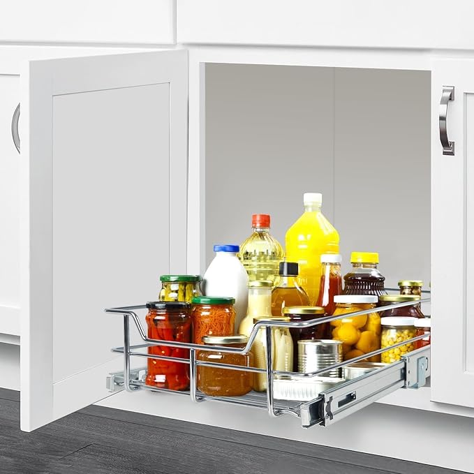 Pull Out Cabinet Organizer 21" W X 22" D, Chromed, Full Slide Out Drawers | For Kitchen Organizers and Storage, Pull Out Drawers For Cabinets Capacity Heavy Duty Caddy, Cabinet Shelves, Bathroom Pantry