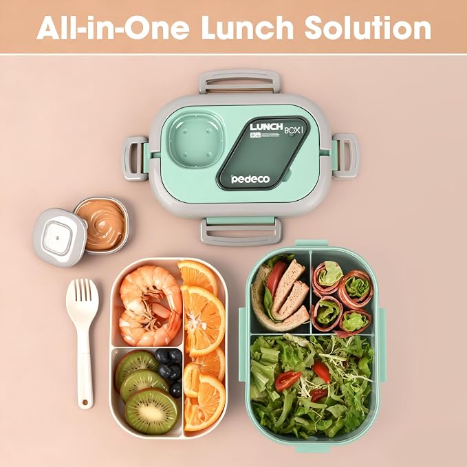 Green Lunch Box Set with Bag & Utensil, Leak Proof for Women Men Kid | 2-tier stackable container with sauce pod,Insulated bag keeps food hot or cold,Microwave & dishwasher safe,for women men