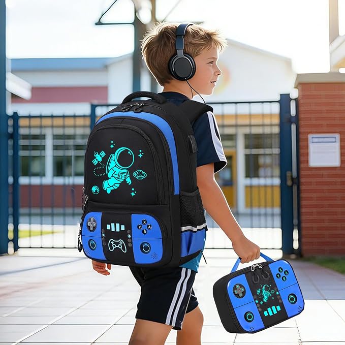 Backpack for School Boys, Cool Luminous Gamer Boys Schoolbag | with Lunch Box & Pencil Case Set for Kids Teens Elementary Middle School, Bookbag Glow In The Dark