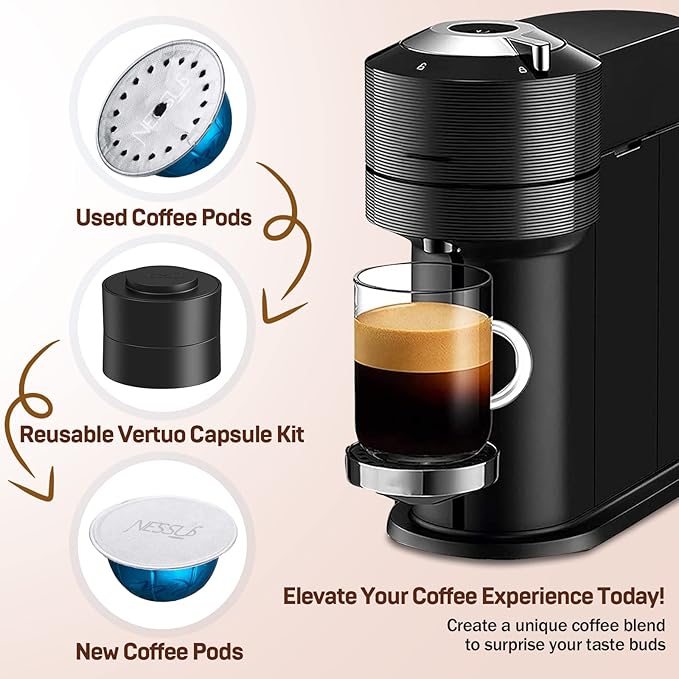 Nessus Reusable Pod Kit for Nespresso Pods Vertuo, Reuse Old Coffee Pods for Nespresso Vertuo: 100 Pcs Aluminum Foil Seal Lid, Holder, Brush, Refillable Vertuo Plus Next Capsule Machine(No Pods Come)