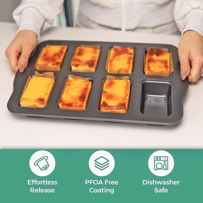 Mini Loaf Baking Pans Set 8-Cavity with 200 PCS Parchment Liners, Nonstick Bakeware Rectangle Bread Pan, Heavy Duty Banana Bread Pan, Grey