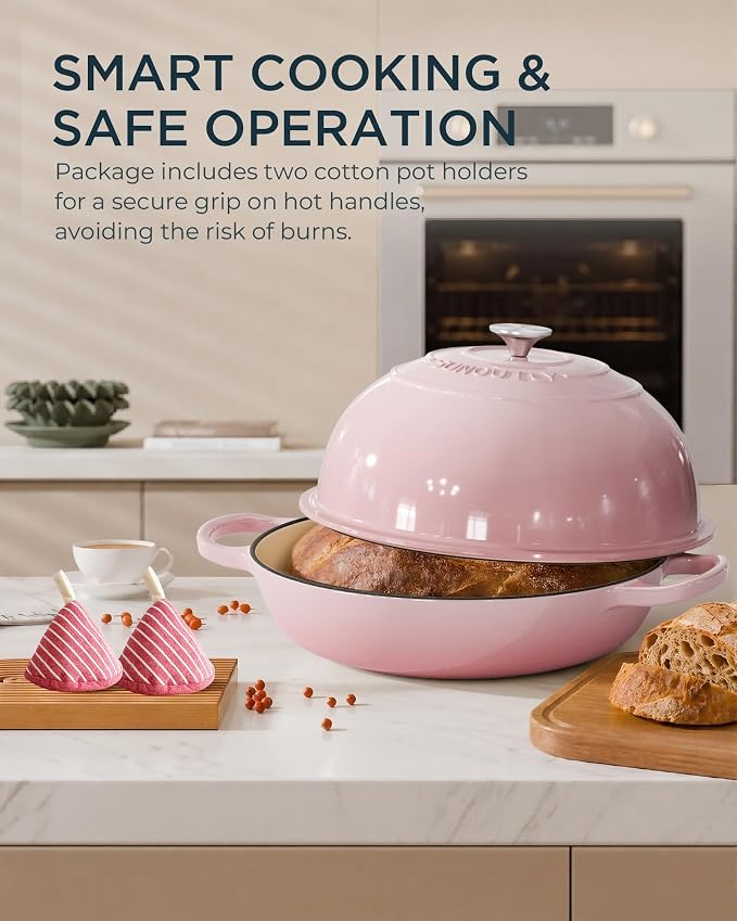Enameled Cast Iron Bread Oven, 6QT Cast Iron Dutch Oven for Homemade Sourdough Bread Baking, Round Bread Pot with Dome Lid & Cotton Potholders, Gentle Pink