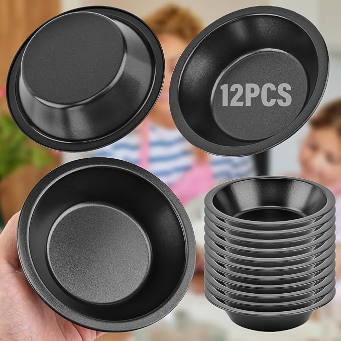 Bibabala 12pcs 5inch Desserts Black Tarts For Baking Round Tin, Mini Pie Pan Carbon Steel(Black)