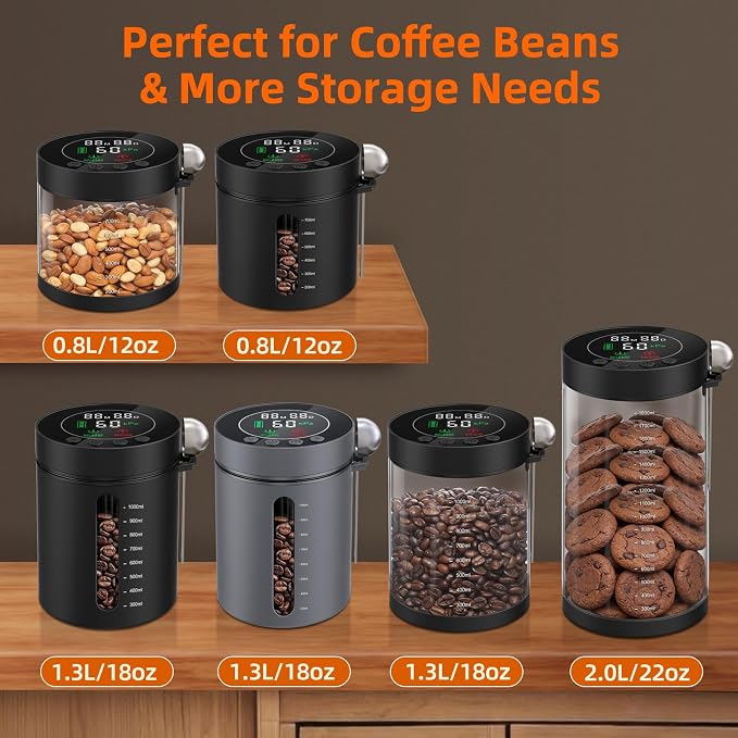 Automatic Vacuum Coffee Canister, 1.3L Airtight Food Storage Container | with Smart Pressure Sensor, Electric Coffee Bean Container Rechargeable with LED Display Window for Home Kitchen Food Storage