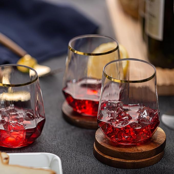 Oojami 40 Pack Disposable Plastic Wine Glasses 12oz Gold Rim - Diamond | Stemless Cocktail Glasses, Champagne Whiskey Wine Cups, BPA-Free Shatterproof Unbreakable Reusable Recyclable, Wedding Party