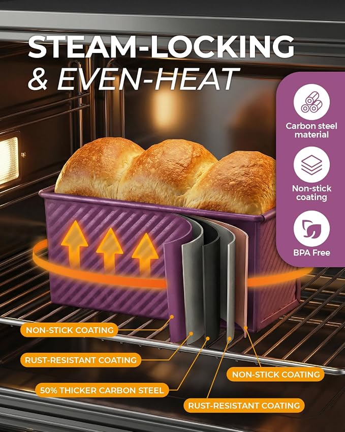 CARTMAN 3-Piece Pullman Loaf Pan with Lid, 2.2/1/0.8 LB Bread Pan, Purple | Includes 2.2/1/0.8 LB sizes & silicone tools, bottom vents, nonstick carbon steel, nesting storage, for bread & brownies