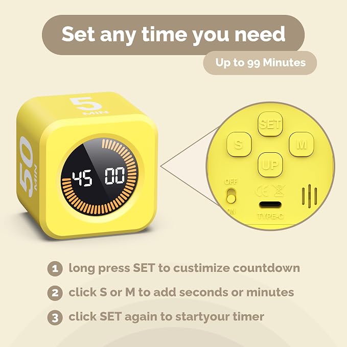 KADAMS Timer Pomodoro - Productivity Pomodoro Cube, 5/10/25/50 Min Countdown & Countup, Silent – for Work Study Workout Kitchen School Classroom Office ADHD Gift Kids (1, Yellow)