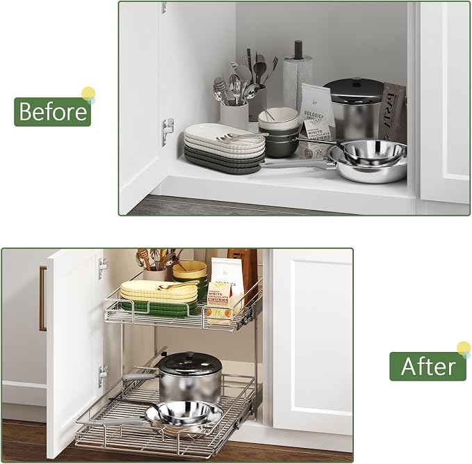 2 Tier Individual Pull Out Cabinet Organizer 19½" W x 21½" D, Heavy Duty Cabinet Pull Out Shelves, Slide Out Drawers Organization for Kitchen Cabinets Bathroom