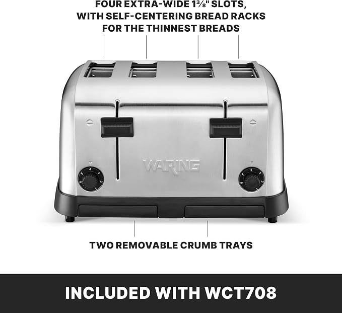 Waring 4-Slot Toaster with with Defrost Function | Professional Light-Duty Pop-Up Bread Toaster, with Defrost Function for Commercial Kitchens