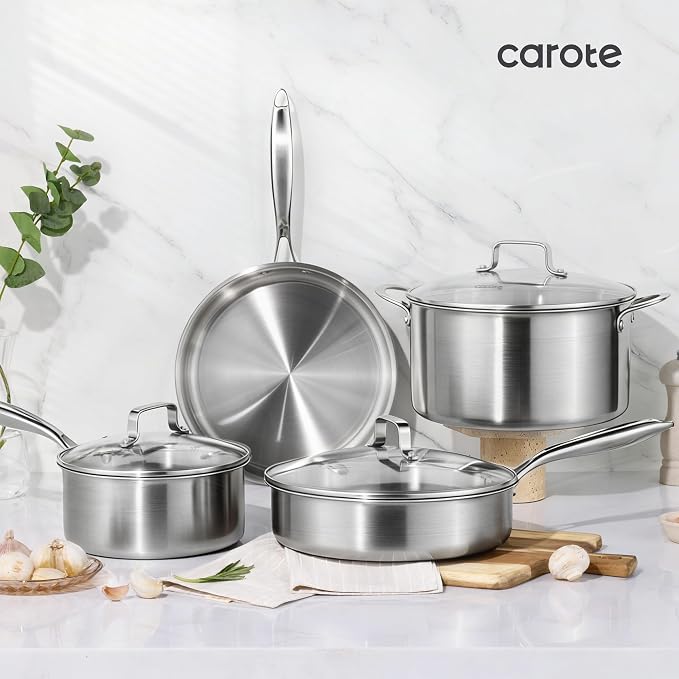 CAROTE 3-Piece Tri-Ply Stainless Steel Frying Pan Set, Skillet Set 8"/10"/12", Induction Compatible, Oven & Dishwasher Safe, Silver Handle