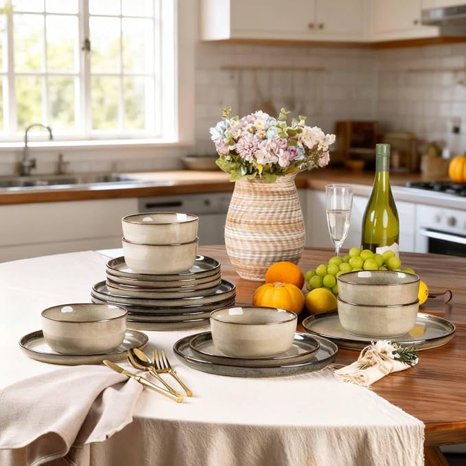 GBHOME Dinnerware Sets for 8, 24 Pieces Ceramic Plates and Bowls Set | Scratch Resistant Stoneware Dishes Set, Dishwasher & Microwave Safe, Reactive Glaze-Oatmeal