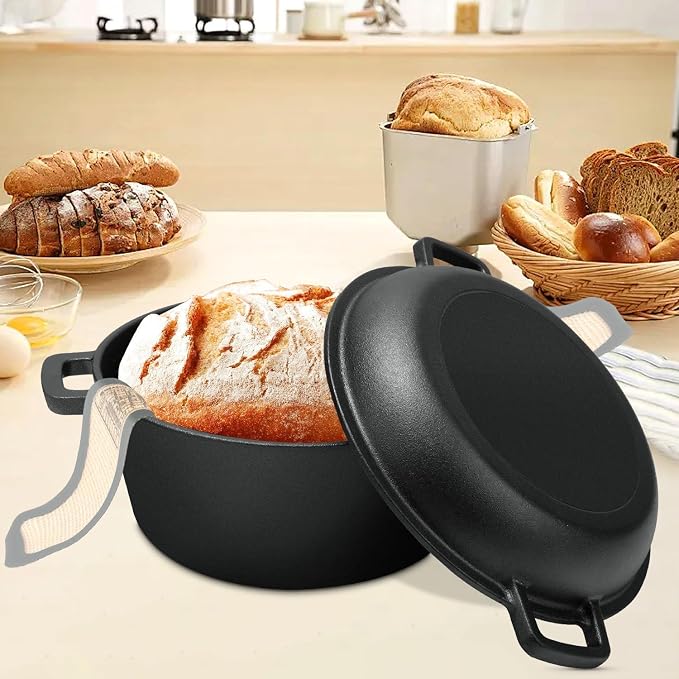 5 Qt Cast Iron Dutch Oven for Sourdough Bread Baking, Sourdough Dutch Oven | 2-in-1 lid doubles as a skillet; complete baking tools included for bread, stewing, searing, frying and outdoor cooking
