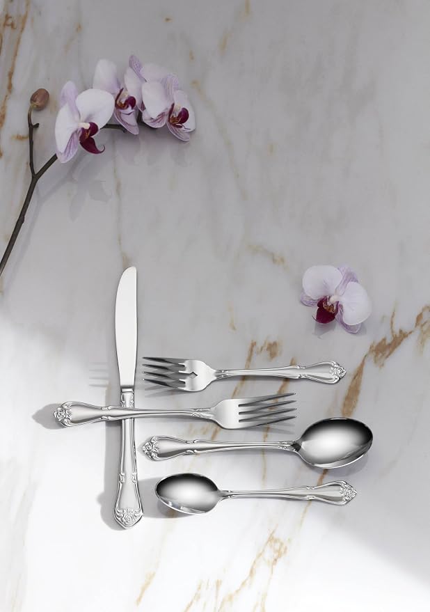Oneida True Rose Salad Forks Silverware Set for 4, Flatware | mirror finish, dishwasher safe | cutlery set for kitchen and dining, utensil set, wedding silverware, heavy duty