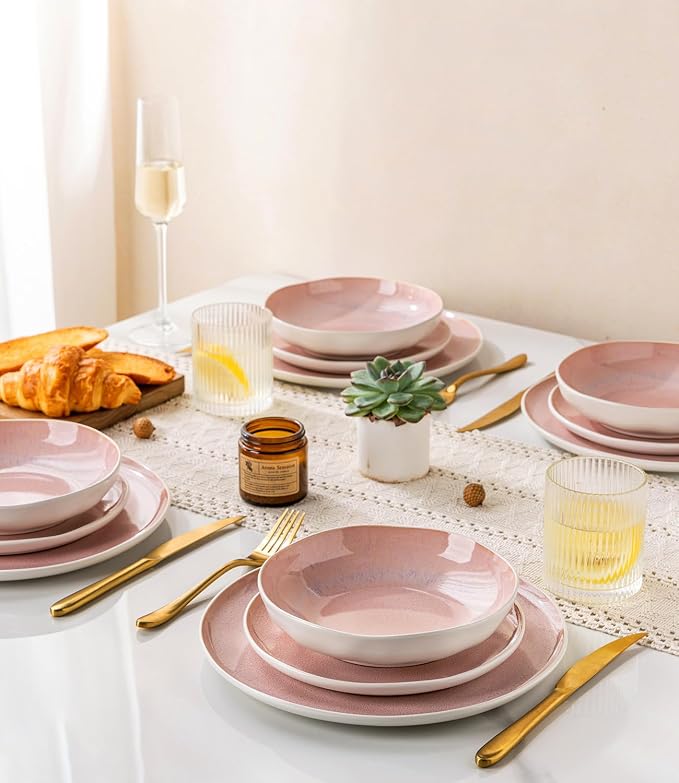 GBHOME Stoneware Dinnerware Sets for 6,18 Piece Rustic Plates and Bowls Set | Earthenware Handmade Reactive Glaze Plate Sets, Chip Resistant Ceramic Dishes, Microwave & Dishwasher Safe, Pink