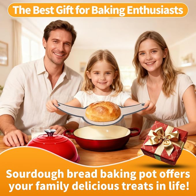 6QT Enameled Cast Red Iron Dutch Oven For Sourdough Bread Baking | Dutch Oven Pot With Lid,Non-stick Sourdough Baking Pan with Bread Dome,Round Ceramic Dutch Oven Pot for Homemade
