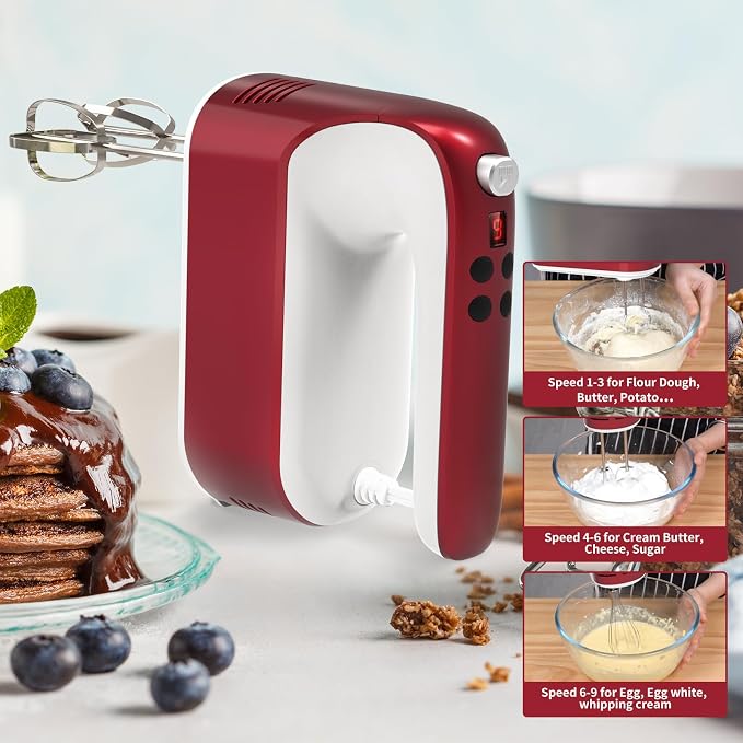 Yomelo 9-Speed Digital Hand Mixer Electric, 400W Powerful DC Motor, Hand Mixer Electric Handheld with Snap-On Storage Case, 5 Stainless Steel Accessories, Beaters, Dough Hooks, Whisk(Red/White)