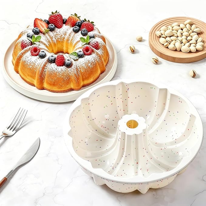 Vinino 9.5 Inch Fluted Tube Cake Pan, 2 Pack with Metal Frame | Bake Family Desserts Easily, Ideal for Cakes, Bread, Jello and Gelatin Treats, Flexible Silicone Design