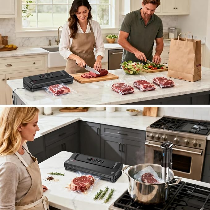 Bonsenkitchen Vacuum Sealer Machine With 5 Vacuum Bags,Black | Compact Food Sealer for Sous-Vide & Meal Prep,Multiple Modes,External Vacuum System,6x Longer Freshness