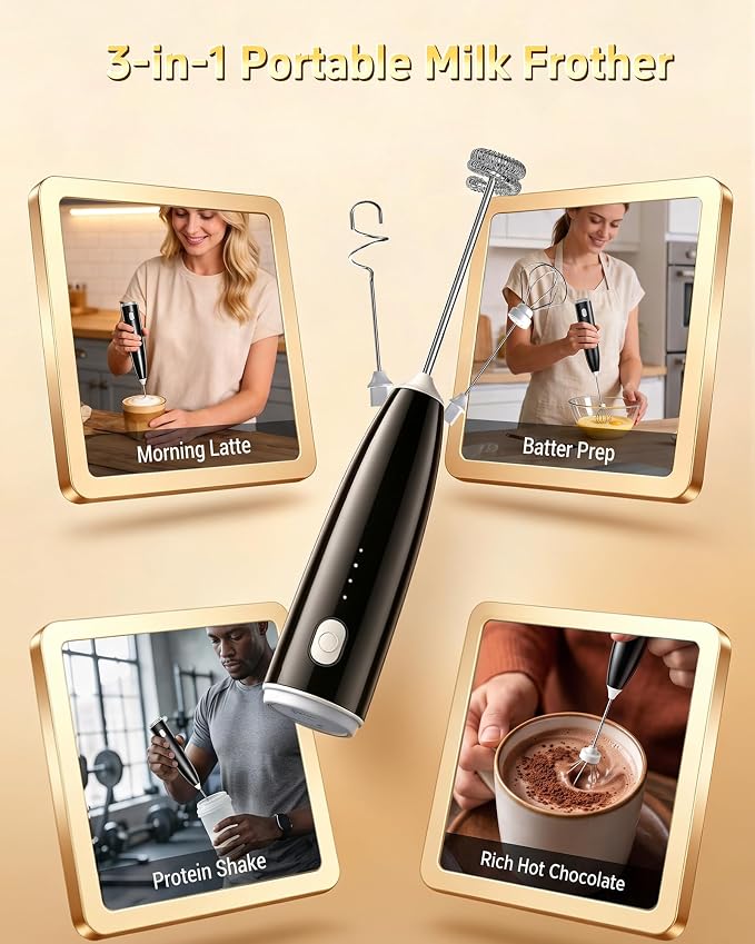 Milk Frother Handheld,Portable Electric Drink Mixer&Wand,Egg Whisk-Black | USB C Rechargeable | 3 Detachable Whisks | 3 Adjustable Speeds | Quiet Operation | For Coffee, Latte, Matcha,protein powder