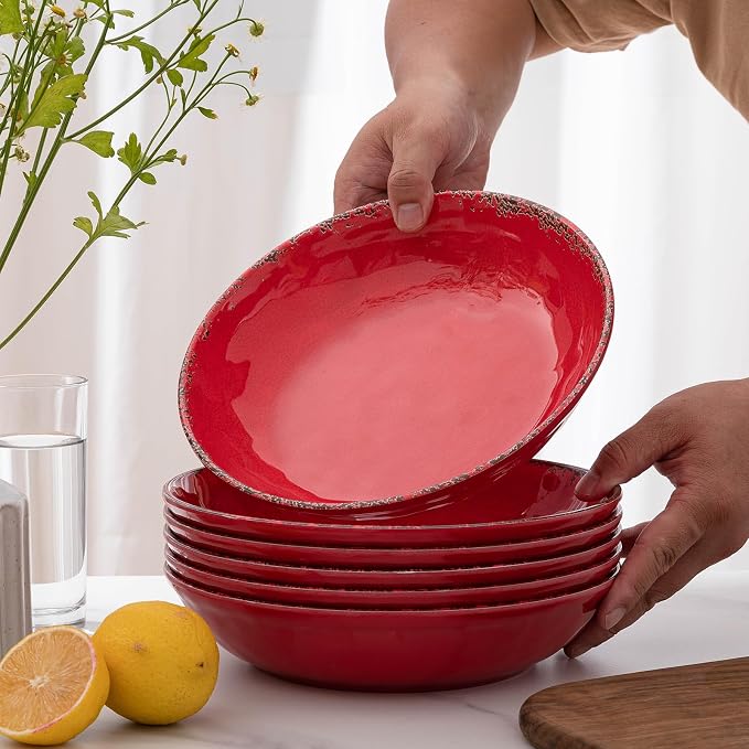 Farmhouse Melamine Pasta Bowls Set of 6, 42 OZ Large Serving Bowls Set, 9.25 inch Ramen Bowls,Wide and Shadow Rustic Red Round Dinner Bowl, Fruit bowl, Noodle Bowl, Salad Bowl Set, Red…