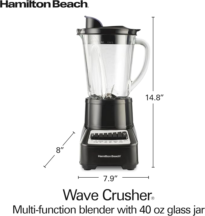 Hamilton Beach Wave Crusher Blender for Smoothies With 40 Oz Glass Jar | 14 Functions For Consistently Smooth Results | Stainless Steel Ice Sabre Blades | 700 Watts | Black | 54220