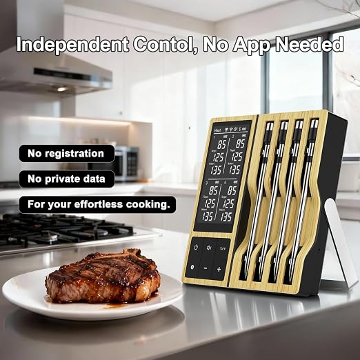 Wireless Meat Thermometer Digital - 800FT Bluetooth Food Thermometer for Cooking, NIST Certified Accuracy, Instant Read Thermometer Standalone Base for Grill BBQ Oven Smoker (Gold)