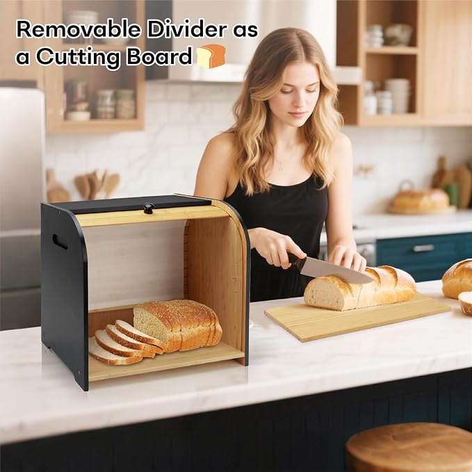 Bread Box for Kitchen Countertop, Two Layer Roll Top Bread Holder | 3 Adjustable Height, Large Capacity, Bamboo Bread Storage Container for Homemade Bread,Breadbox Organizer for Kitchen Counter