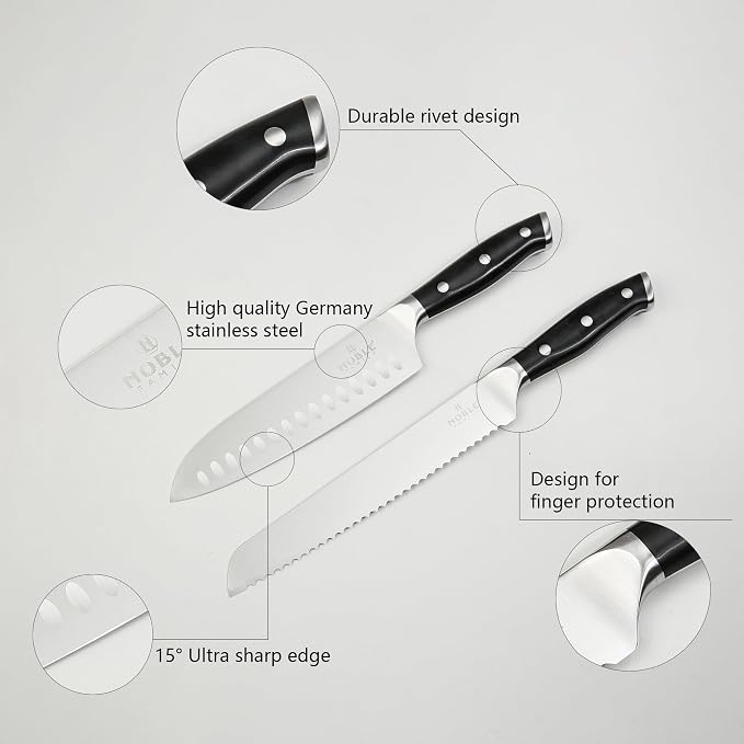 Knife Set with Block, N NOBLE FAMILY 16Pcs Kitchen Knives Drawer Organizer Set with Sharpener, Cutting Board, Anti-Slip Chef Knives Set with 6Pcs Steak Knives, Black