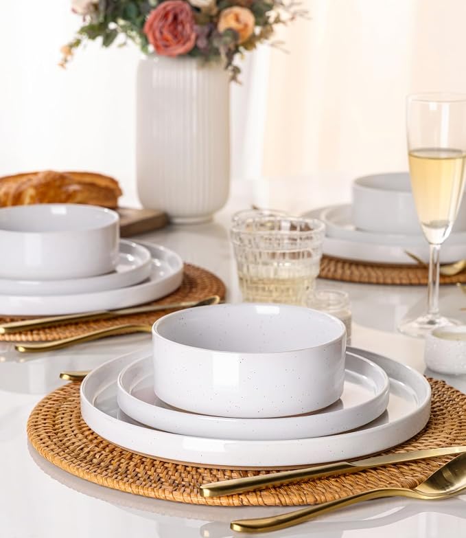AmorArc Stoneware Dinnerware Sets for 4,12Pcs Plates and Bowls Set | Handmade Ceramic Dish Set,Dishwasher & Microwave Safe,Scratch Resistant-White
