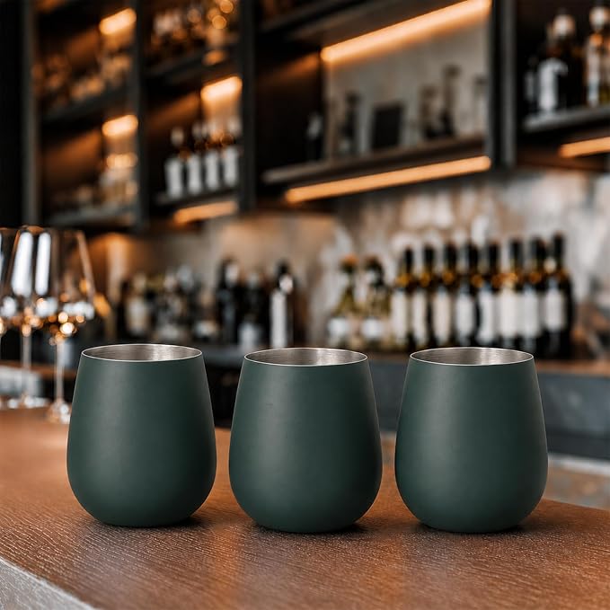 K&K Home Stainless Steel Unbreakable Stemless Wine Glasses - 15 oz - Set of 4 Colored, Stemless Metal Wine Glasses Perfect for Outdoors, Weddings, and Parties (Green)