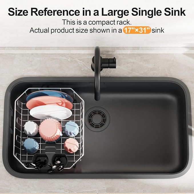 Small in Sink Dish Drying Rack - Stainless Steel for RV Kitchen | Compact Design for Apartments, 1-2 Person, Utensil Holder, Cup Hooks, Angled Corners Fit Square & Round Sinks, 11.6" x 13.4"