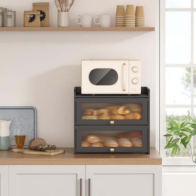 Large Vintage Bread Box for Kitchen Countertop Homemade Bread, Black | Farmhouse Wooden Double Layer Breadbox Organizer Bread Holder Storage Container with Window