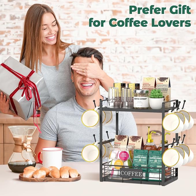 EsLuker.ly Coffee Mug Cup Holder Tree Bar Station Organizer, 2 Tier Black | Mug Stand Rack for Countertop Kitchen, Storage Tower Display Shelf with 12 Hooks, Coffee Nook Enhancer