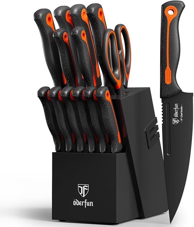 Knife Block Set, 15 PCS Dishwasher Safe Kitchen Knife Set, Non-slip | Razor-Sharp knives set with sharpener, High Carbon Stainless Steel, Ergonomic Handle, Elegant Box for Her Him Women