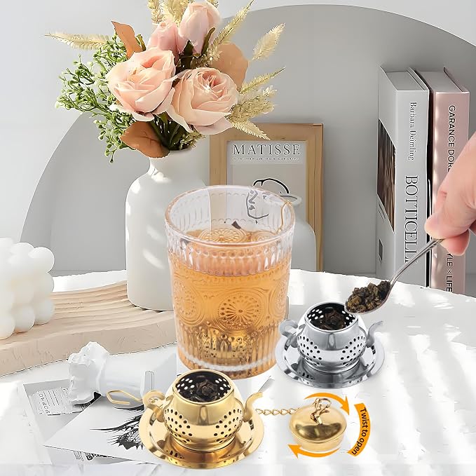 2 Pack Tea Infusers with Spoon, Loose Leaf Tea Strainer, Teapot Design | Cute Teapot Design, 304 Stainless Steel, Spoon Included for Loose Leaf Tea and Tea Lover Gifts