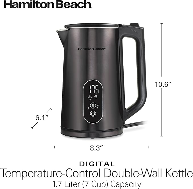 Hamilton Beach Digital 1.7L Electric Tea Kettle, Water Boiler & Heater | Fast Boiling 1500 Watts |Temp Control + 5 Presets | BPA Free | Cordless Serving | Auto-Shutoff & Boil-Dry Protection | Black