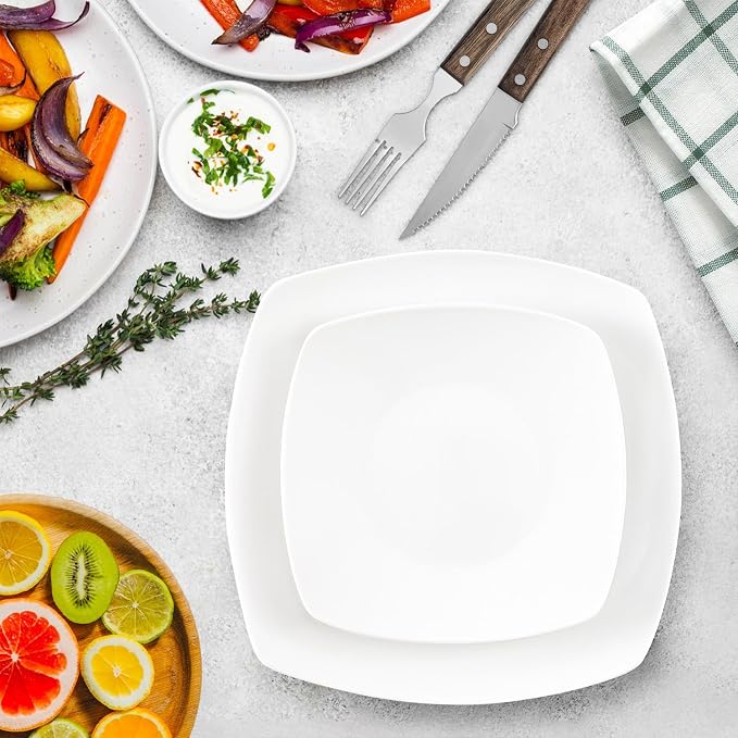 Zulay Kitchen Luna Plates and Bowls Sets, 16 Piece Modern Porcelain Dish Set for 4, Chip and Scratch Resistant Square Dinnerware Set, Microwave and Dishwasher Safe, Pearl White
