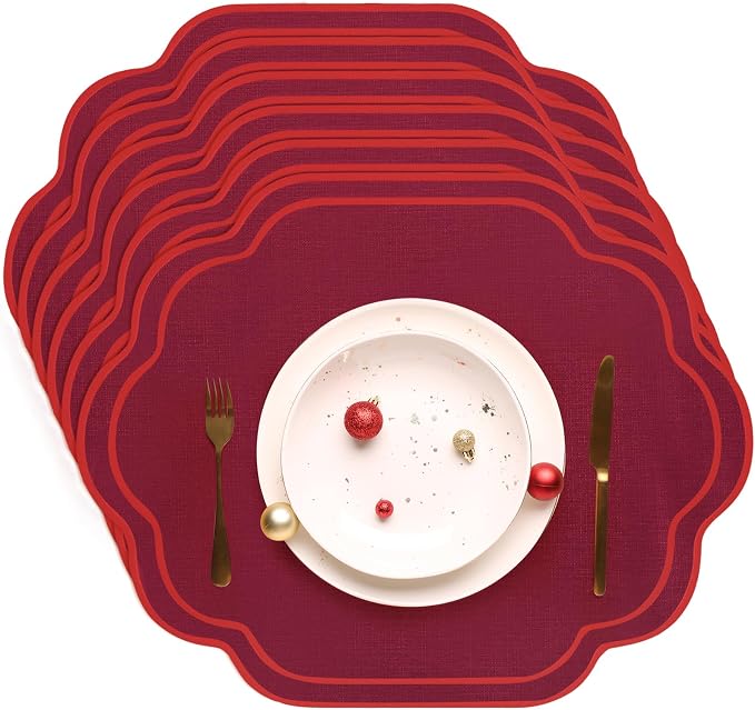 6 Pcs Wine Red Wedding Placemats Scalloped Embroidered Cotton Linen Placemats 17" x 13" Double Layered Machine Washable Table Place Mat for Party Table Decor (Cotton)