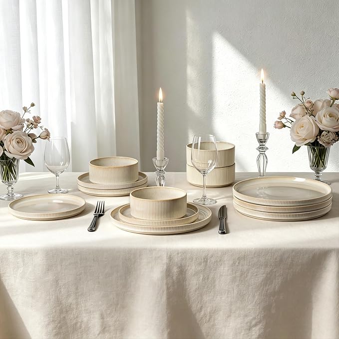 Stoneware Dinnerware Sets for 4, 12Pcs Ribbed Plates and Bowls Set, Beige | Handmade Reactive Glaze Ceramic Dishes, Microwave and Dishwasher Safe, Modern Minimalist Tableware for Everyday Use