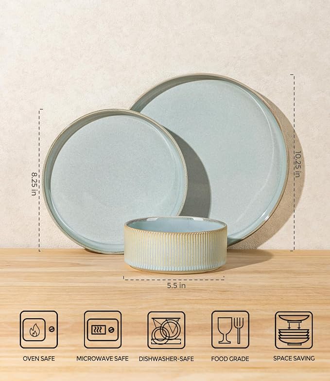 Ceramic Dinnerware Set for 6, 18-Piece Plates and Bowls Set | Lightweight Porcelain Dish Set, Scratch Resistant, Oven & Microwave & Dishwasher Safe, Illusion Blue