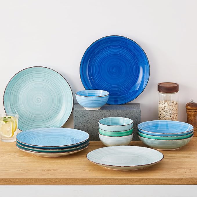 vancasso Bonita 10.5 Inch Ceramic Dinner Plates Set of 6, Cool Colors | Microwave and Oven Safe, Durable Glaze Resists Scratches and Chips, Set of 6 Stackable, Colorful Bonita Design, Salad Plates